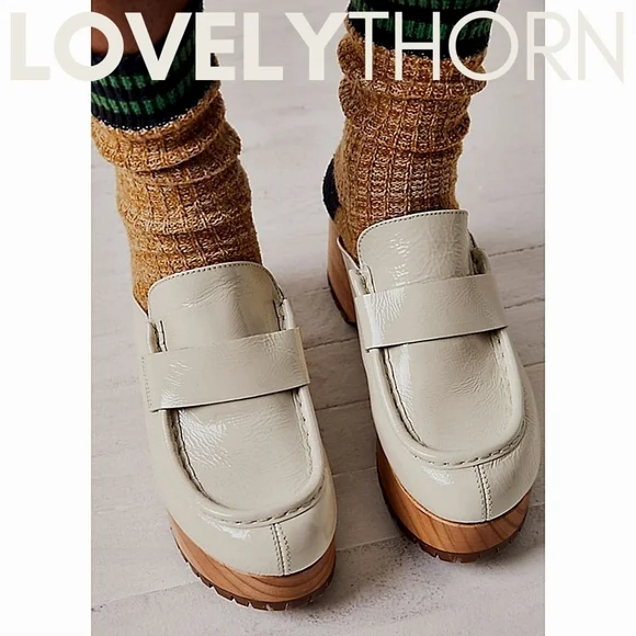 FREE PEOPLE // ltd ed corbin patent leather loafer wooden platform clog slides - Picture 6 of 10